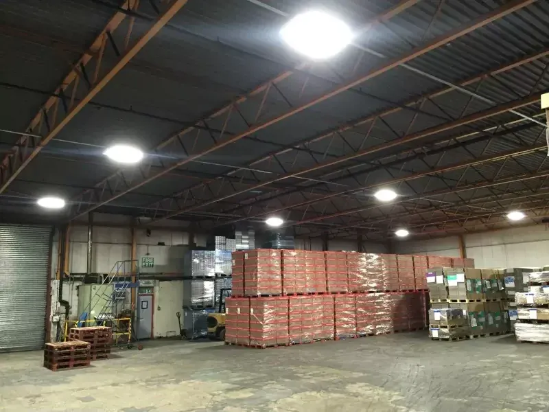 High bay LED lighting installed across a warehouse in Wellingborough