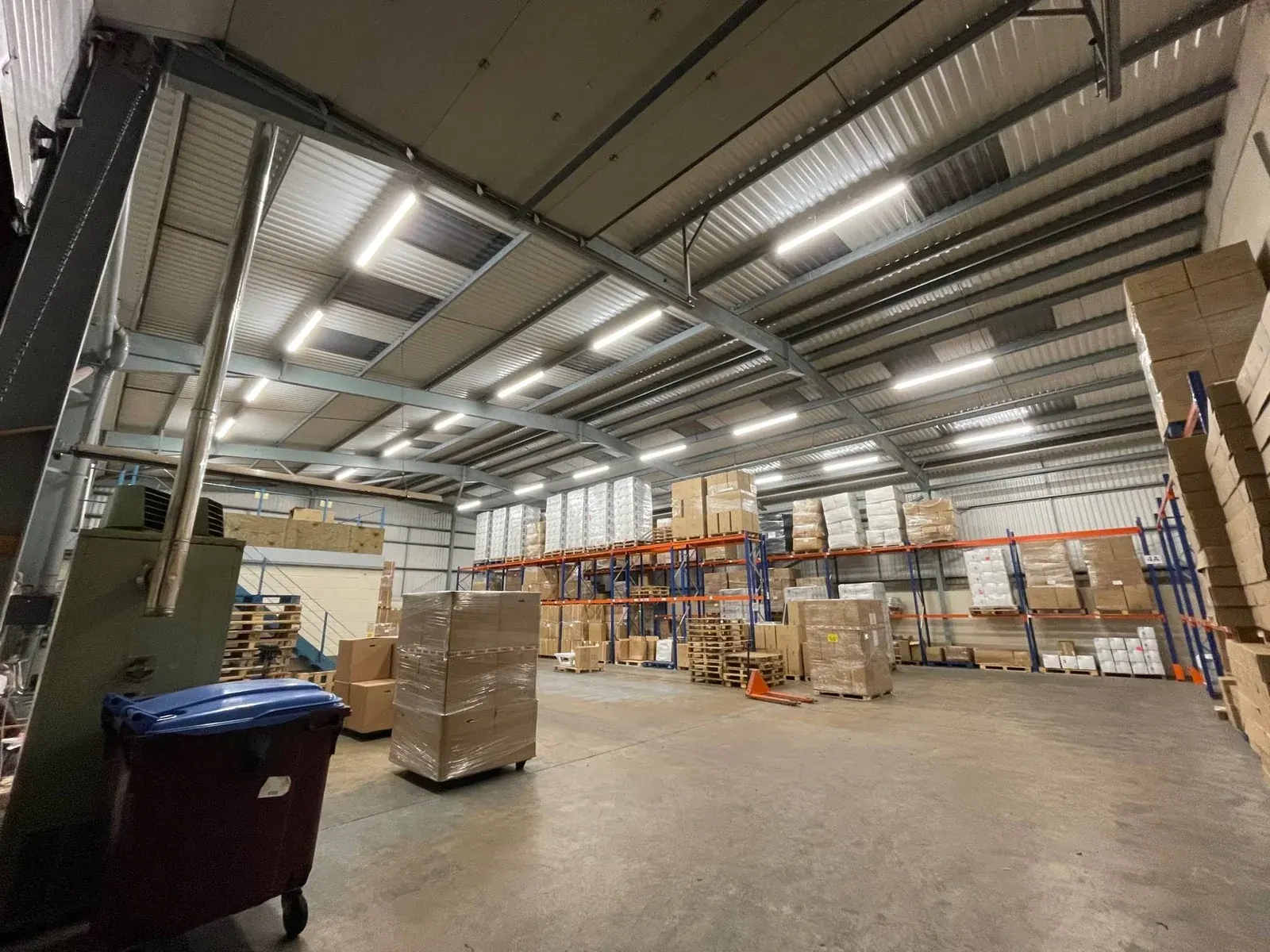 LED lighting installed above racking in a Northamptonshire warehouse
